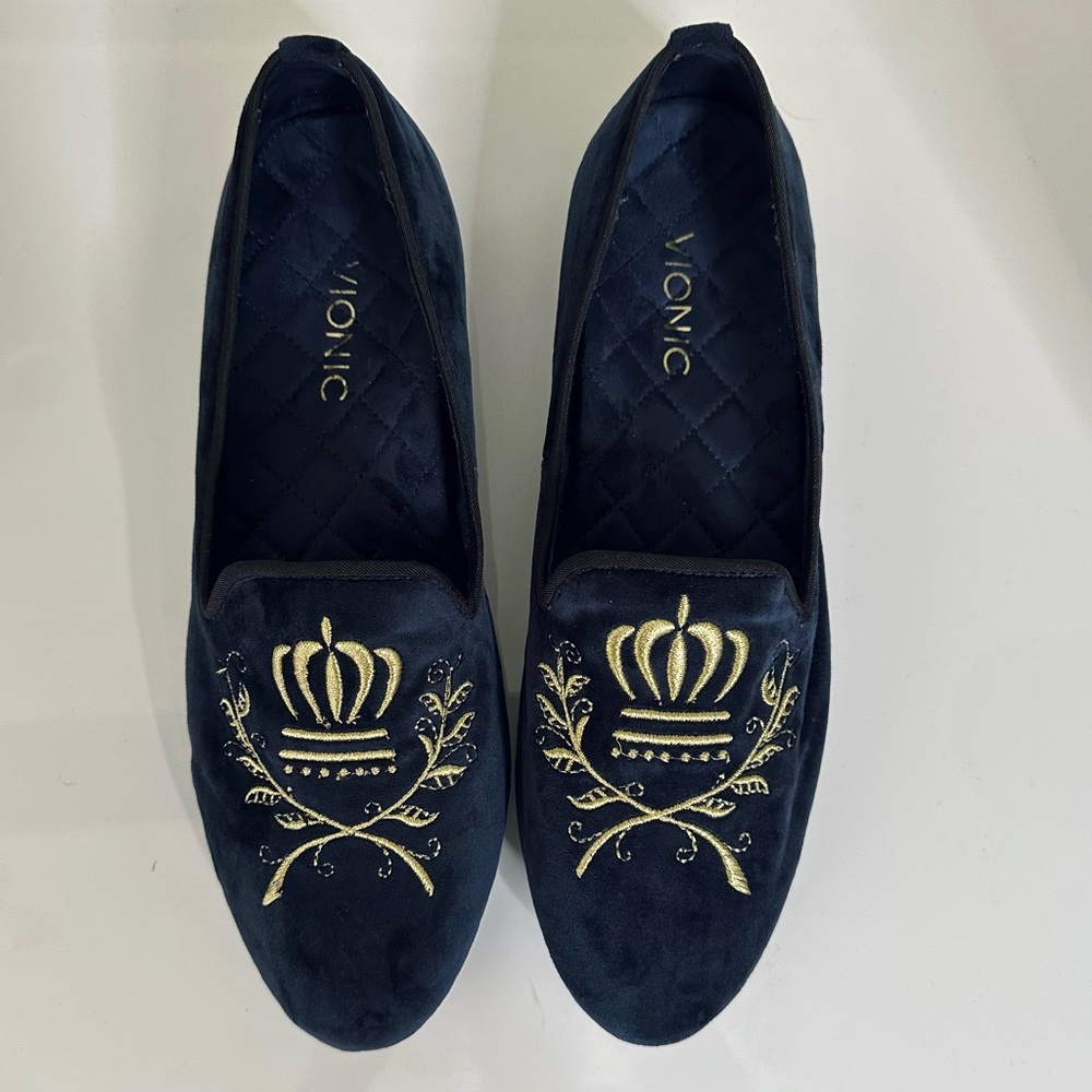 Vionic Navy Slip-On Shoe with Gold Embroidery